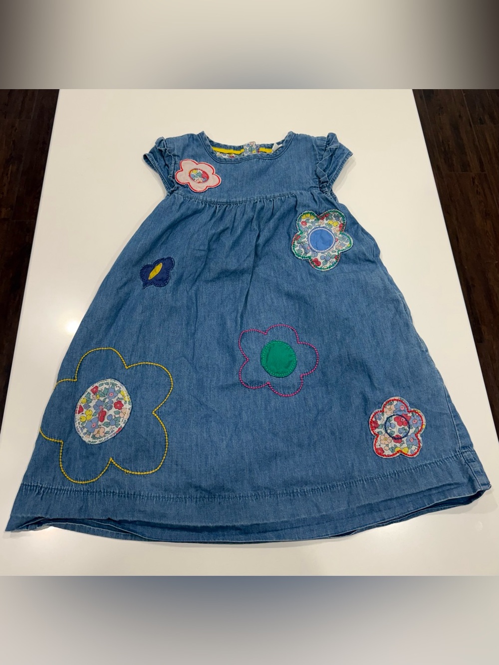 Mini Boden Girls Blue Denim Floral Appliqué A-Line Knee Dress 6-7 Years